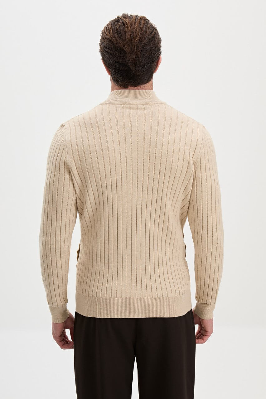 Men’s beige ribbed knit full-zip mock neck sweater with cashmere cotton blend for fall winter layering