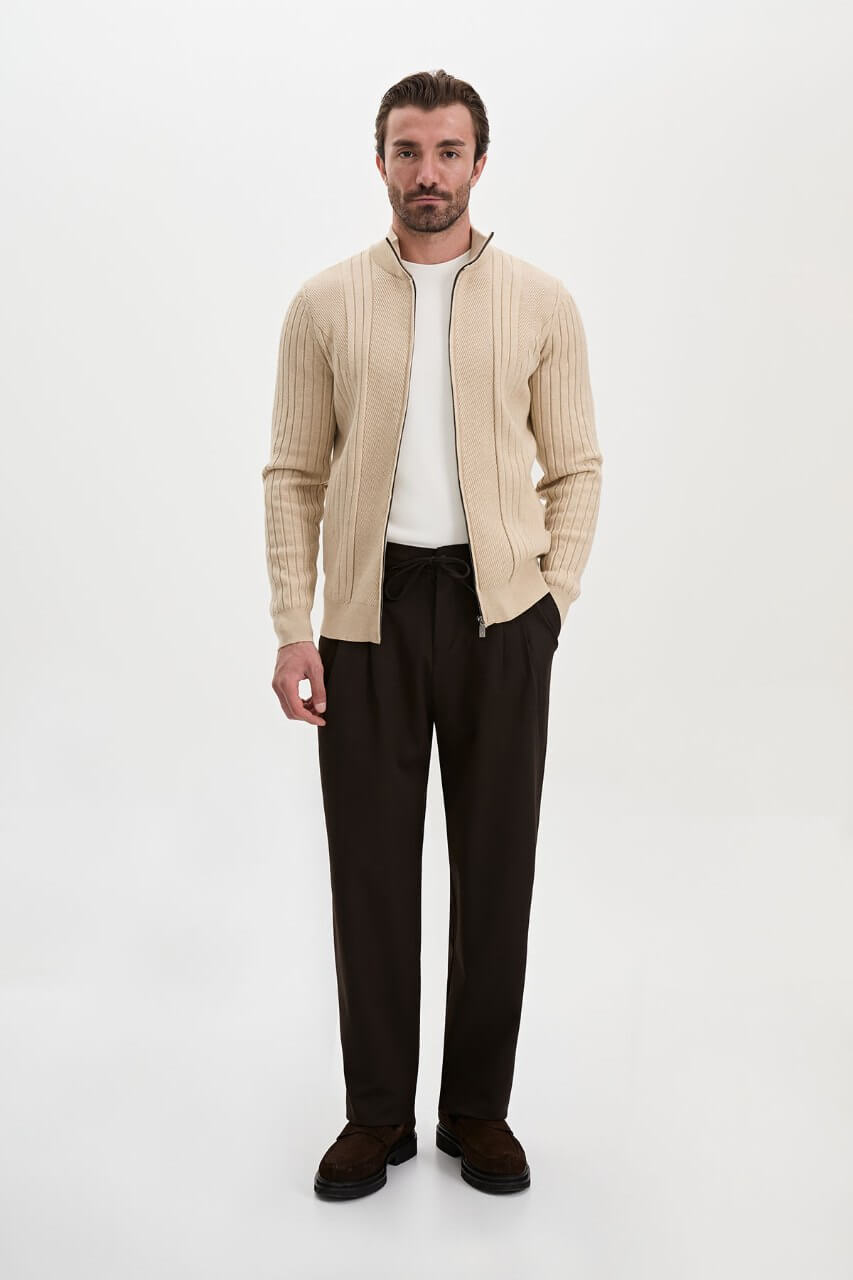 Men’s beige ribbed knit full-zip mock neck sweater with cashmere cotton blend for fall winter layering
