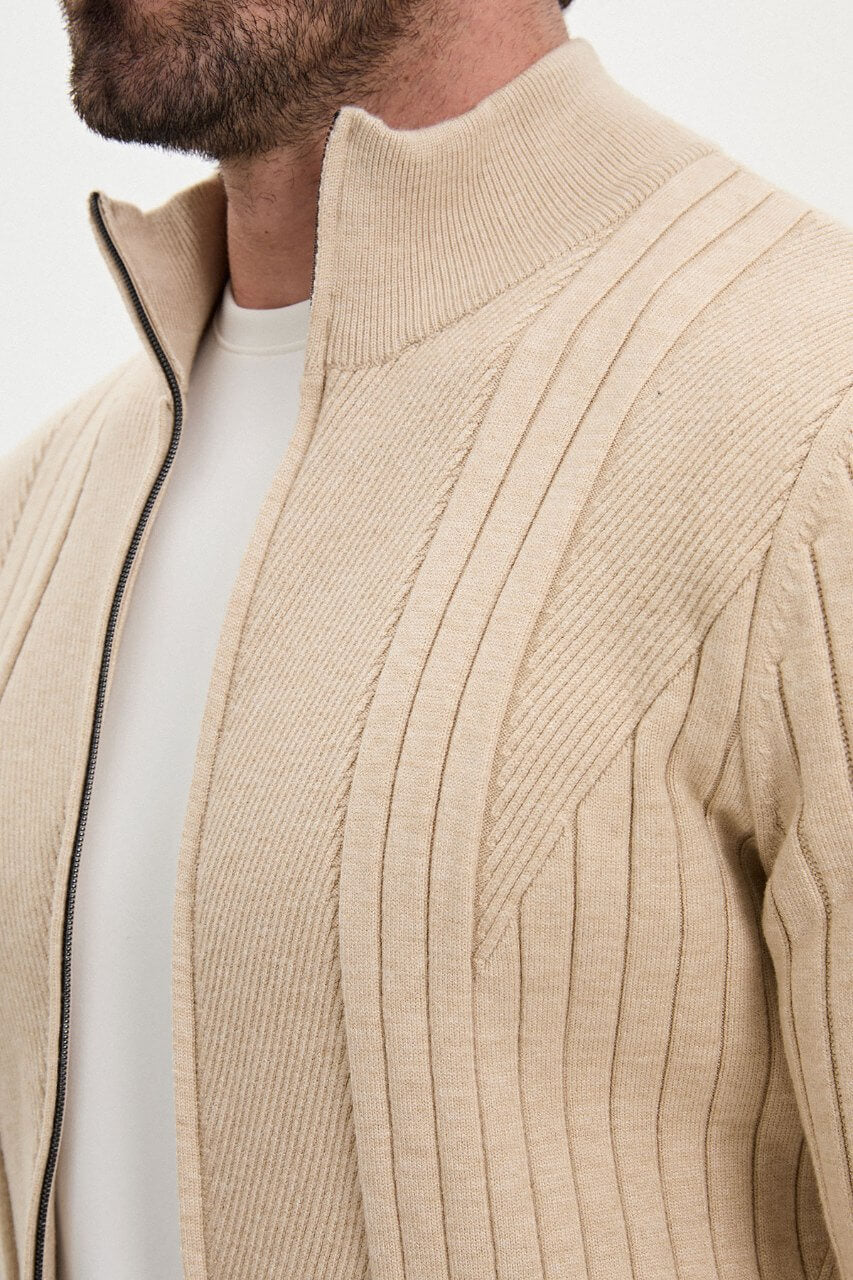 Men’s beige ribbed knit full-zip mock neck sweater with cashmere cotton blend for fall winter layering