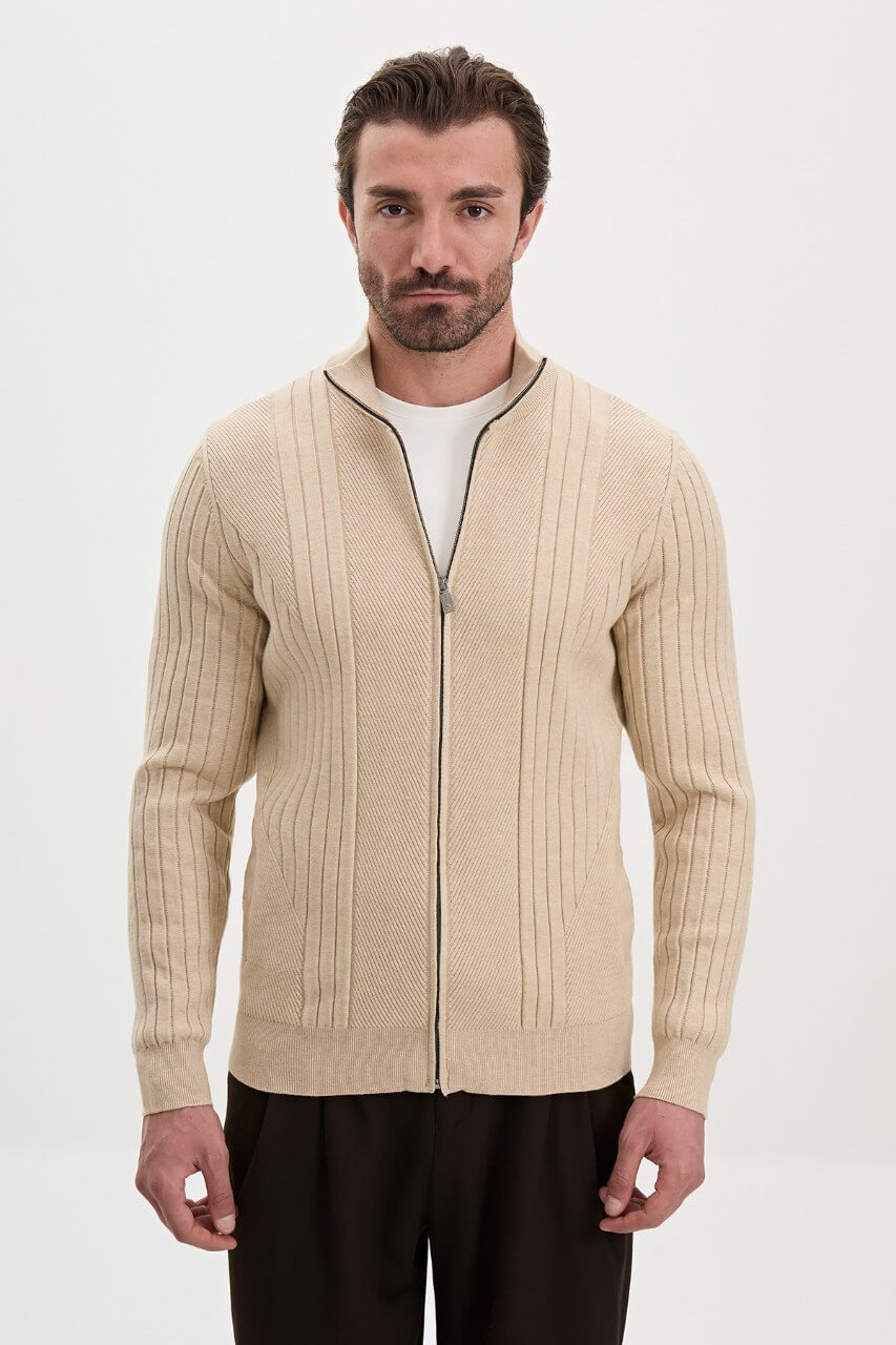 Men’s beige ribbed knit full-zip mock neck sweater with cashmere cotton blend for fall winter layering