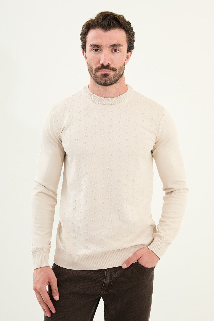 Men’s beige slim-fit crew-neck sweater with geometric ‘T’ textured knit front panel, ribbed collar, cotton-viscose-elastane blend, styled with dark corduroy trousers.
