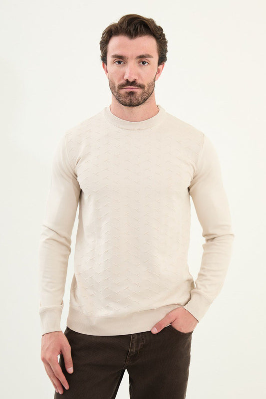 Men’s beige slim-fit crew-neck sweater with geometric ‘T’ textured knit front panel, ribbed collar, cotton-viscose-elastane blend, styled with dark corduroy trousers.