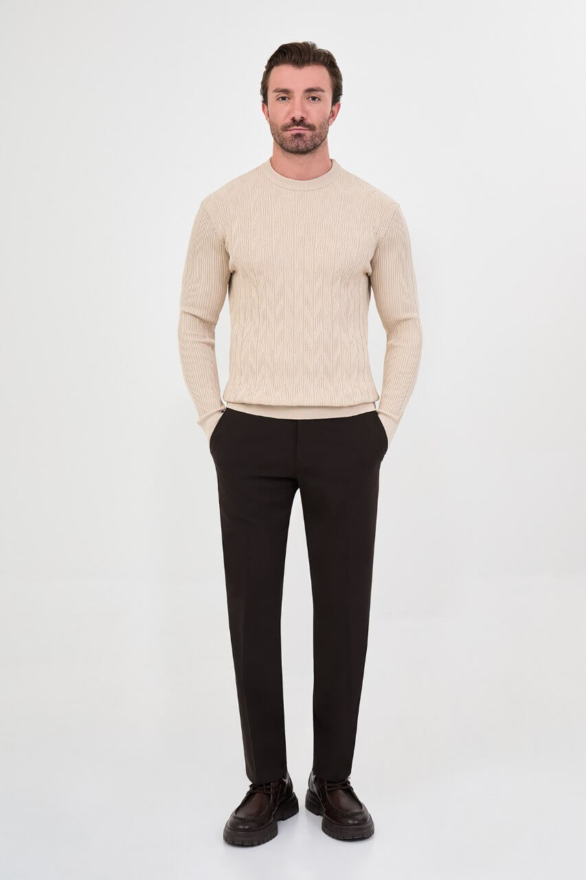 Men's beige textured crew neck knit sweater with patterned knit design for fall winter menswear.