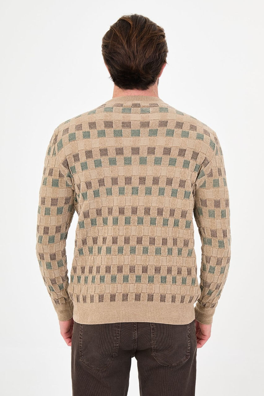 Men's beige textured crew neck knit sweater with patterned design for fall winter menswear