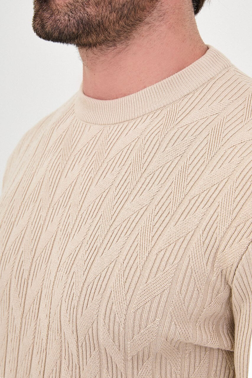 Men's beige textured crew neck knit sweater with patterned knit design for fall winter menswear.