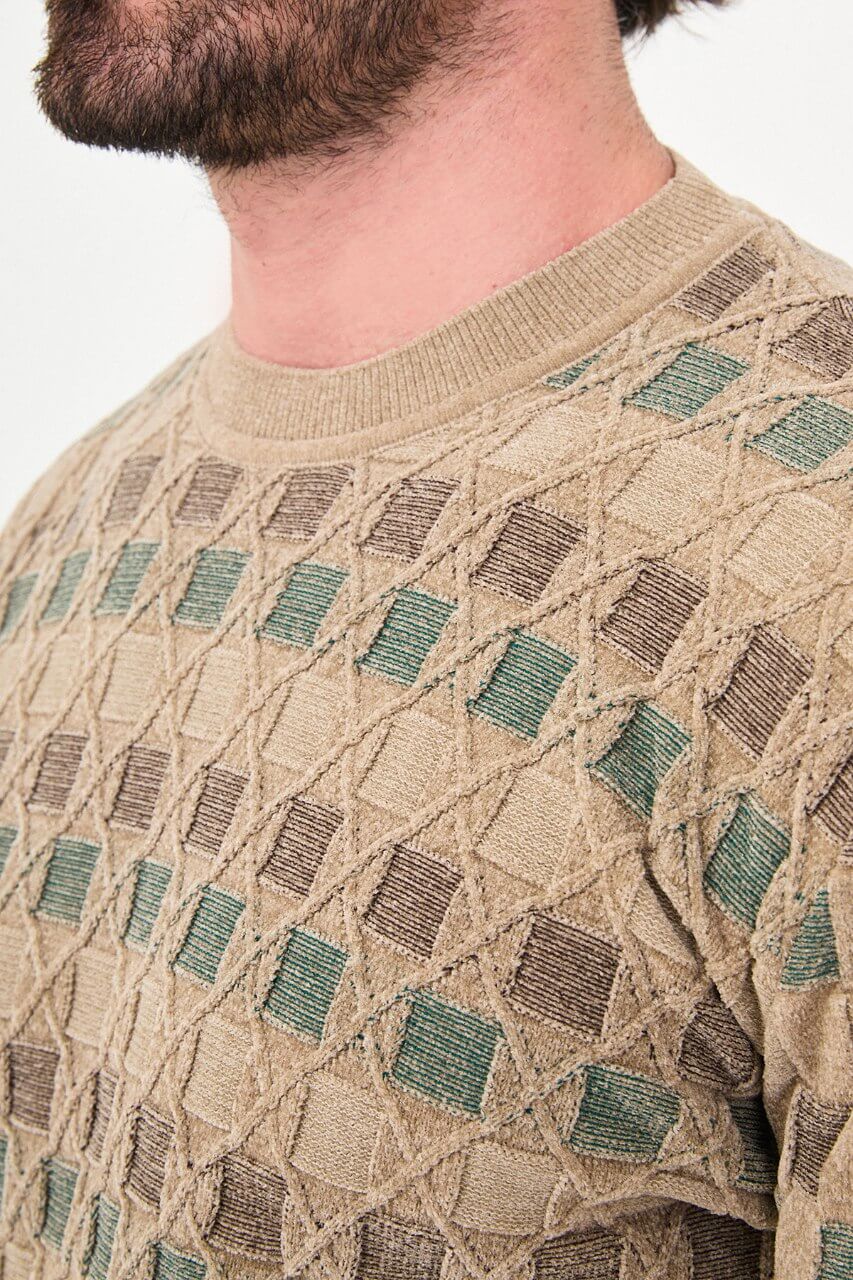 Men's beige textured crew neck knit sweater with patterned design for fall winter menswear