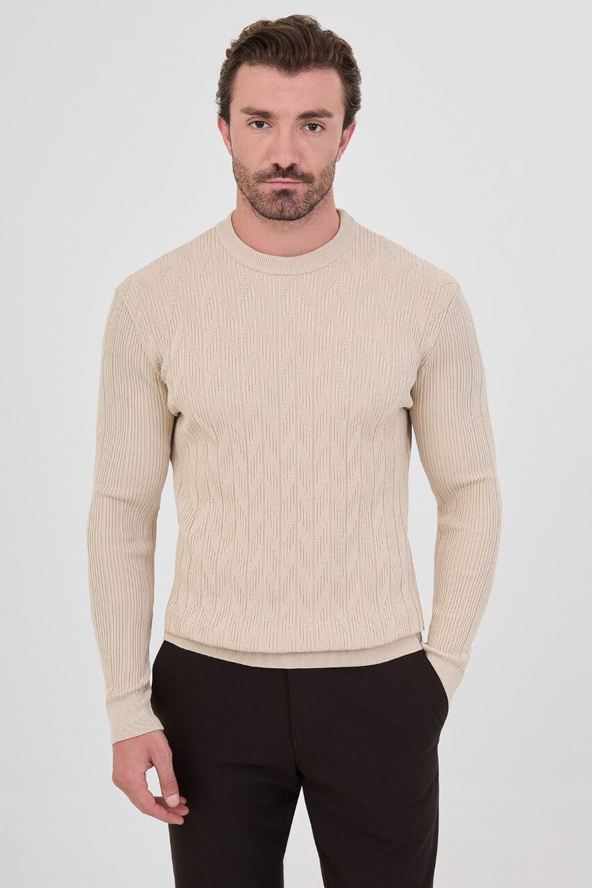 Men's beige textured crew neck knit sweater with patterned knit design for fall winter menswear.

