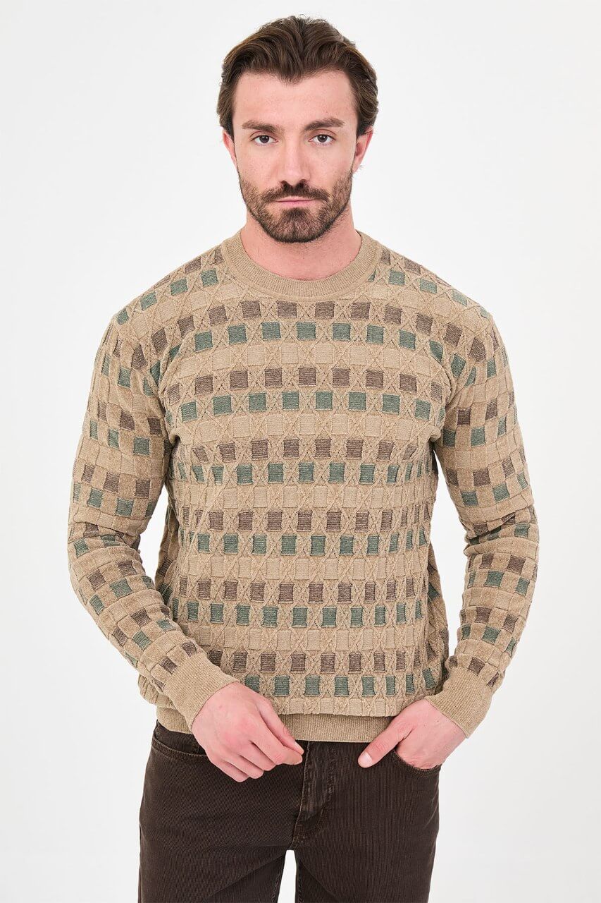 Men's beige textured crew neck knit sweater with patterned design for fall winter menswear