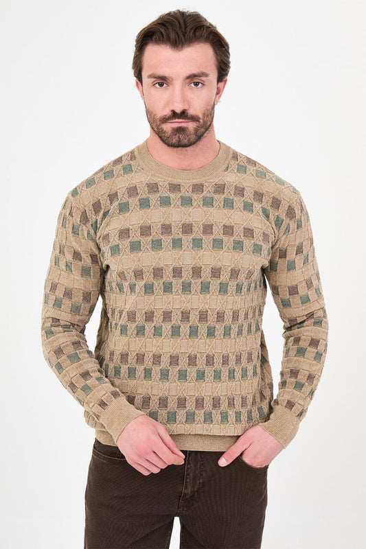 Men's beige textured crew neck knit sweater with patterned design for fall winter menswear