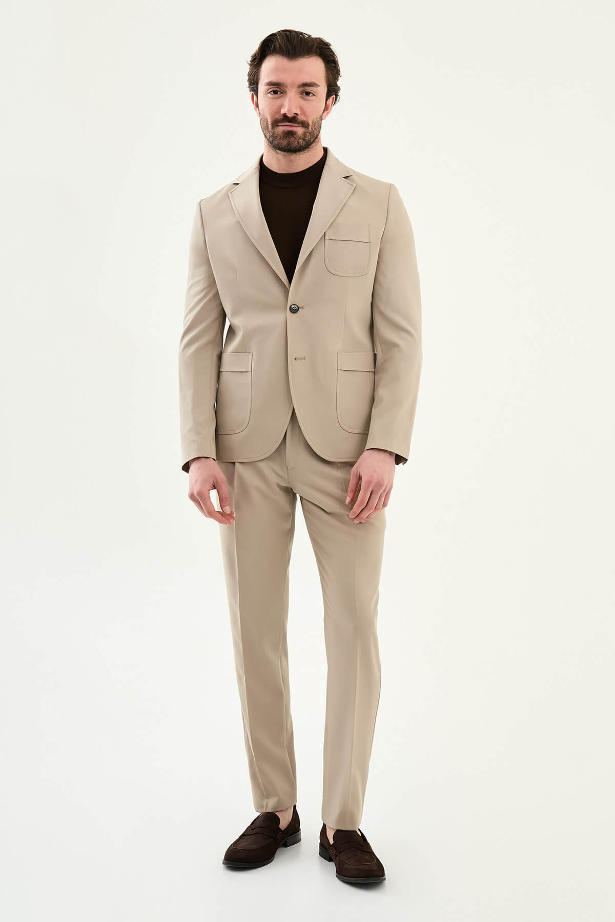 Men’s Beige Single-Breasted Slim Fit Blazer with Patch Pockets on Model