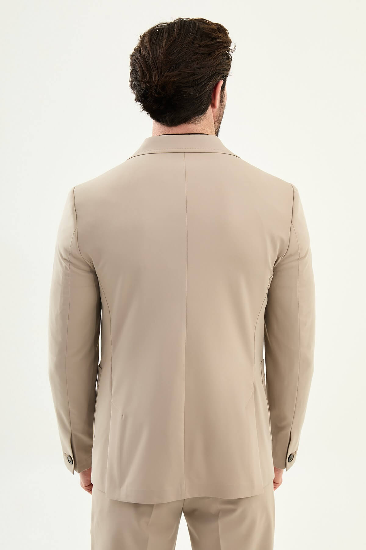Men’s Beige Single-Breasted Slim Fit Blazer with Patch Pockets on Model