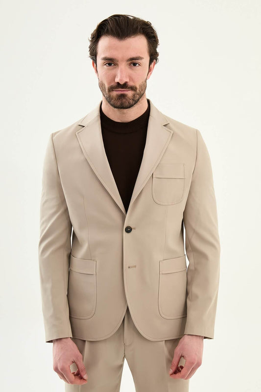 Beige patch pocket blazer styled smart casual, side view