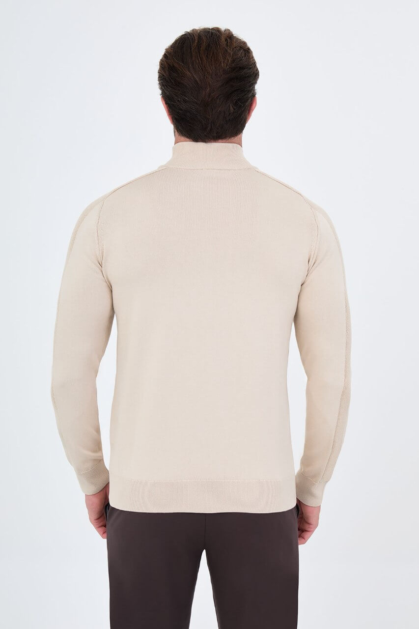 Men's beige slim fit mock neck sweater cotton knit pullover for fall winter smart casual style