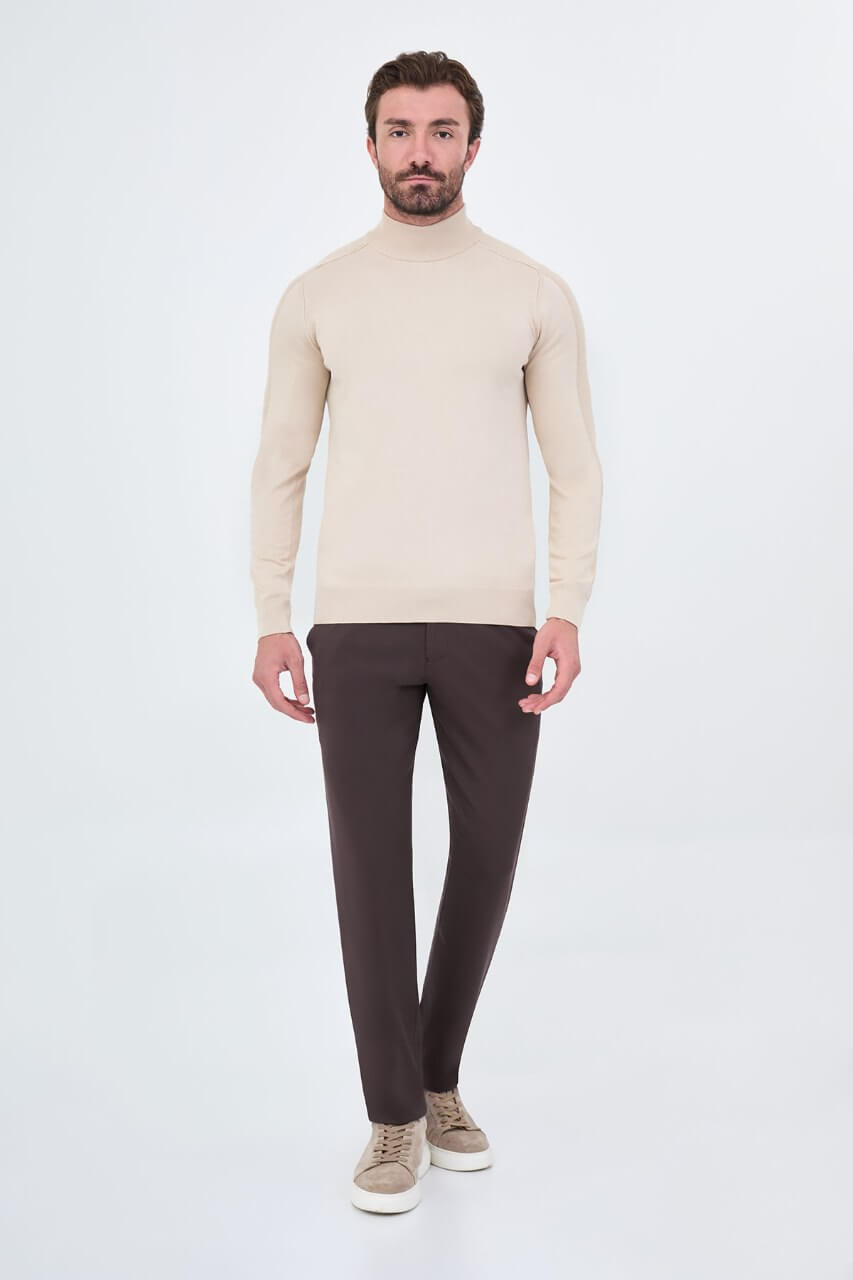 Men's beige slim fit mock neck sweater cotton knit pullover for fall winter smart casual style