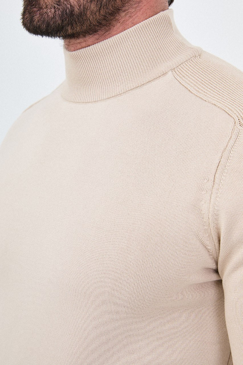 Men's beige slim fit mock neck sweater cotton knit pullover for fall winter smart casual style