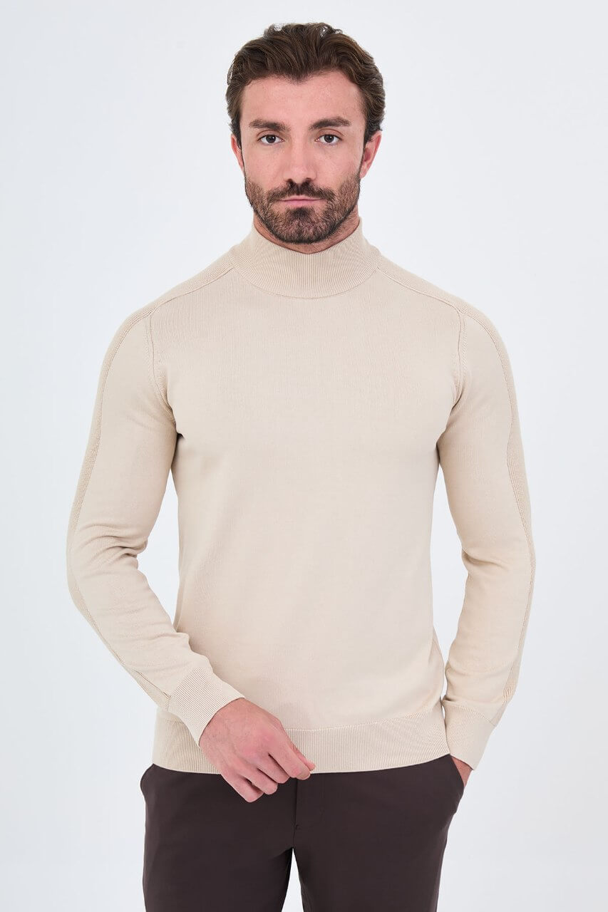 Men's beige slim fit mock neck sweater cotton knit pullover for fall winter smart casual style