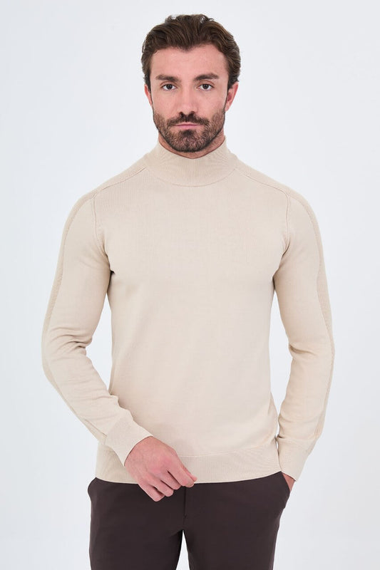 Men's beige slim fit mock neck sweater cotton knit pullover for fall winter smart casual style