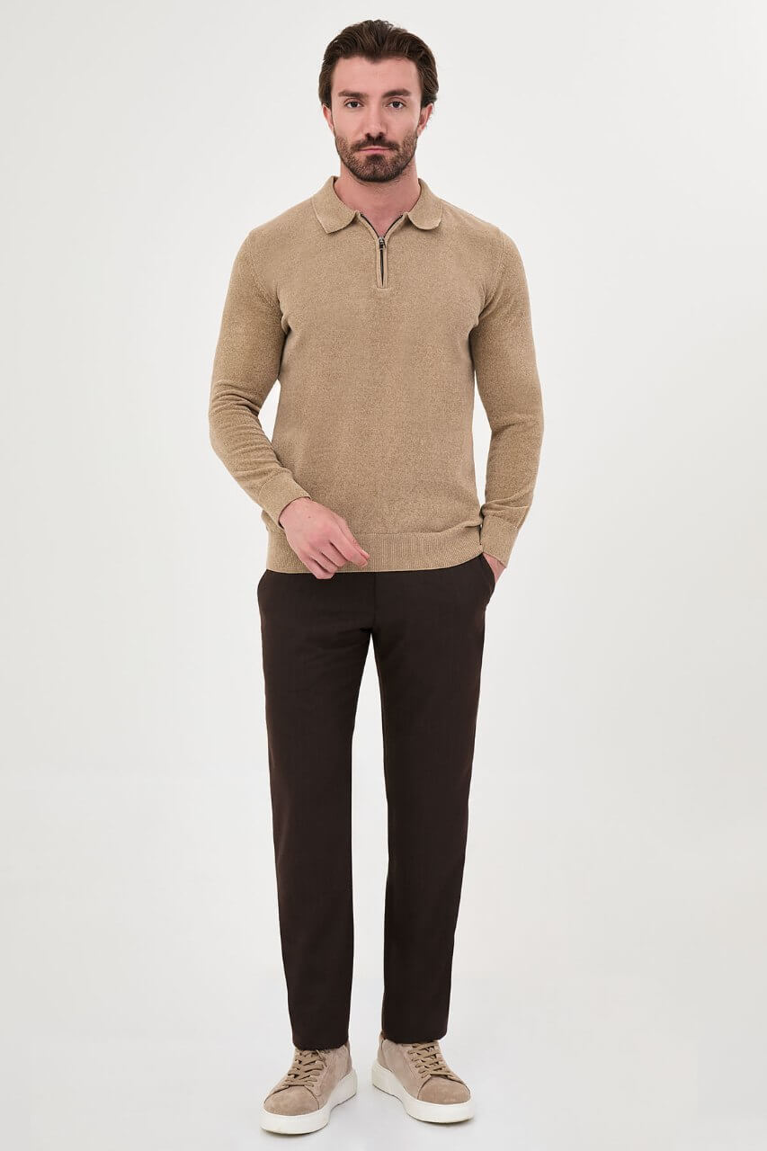 Men's beige textured crew neck knit sweater for fall winter menswear.