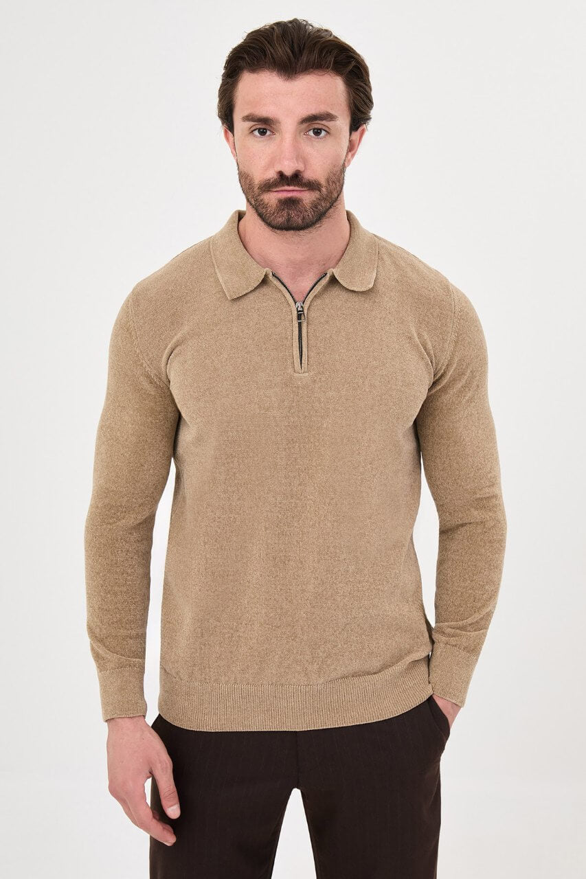Men's beige textured crew neck knit sweater for fall winter menswear.