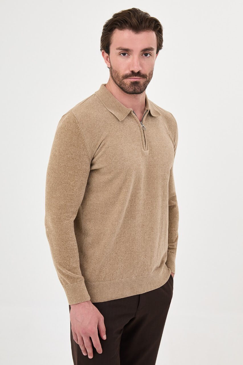 Men's beige textured crew neck knit sweater for fall winter menswear.