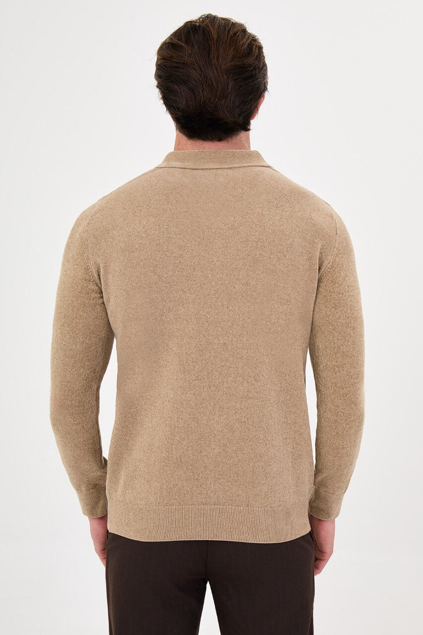 Men's beige textured crew neck knit sweater for fall winter menswear.