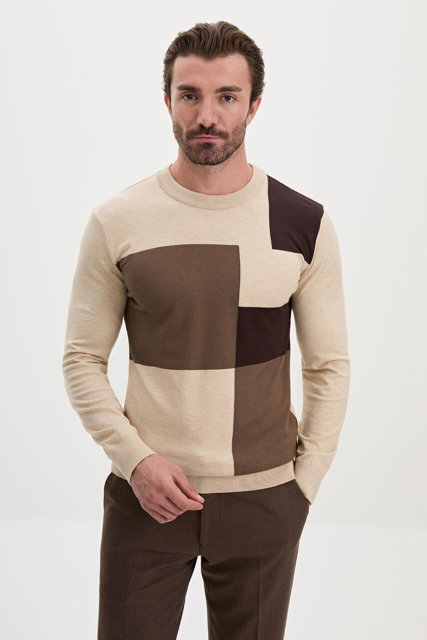 Men's beige colour block crew-neck sweater with brown panels by HolloMen.