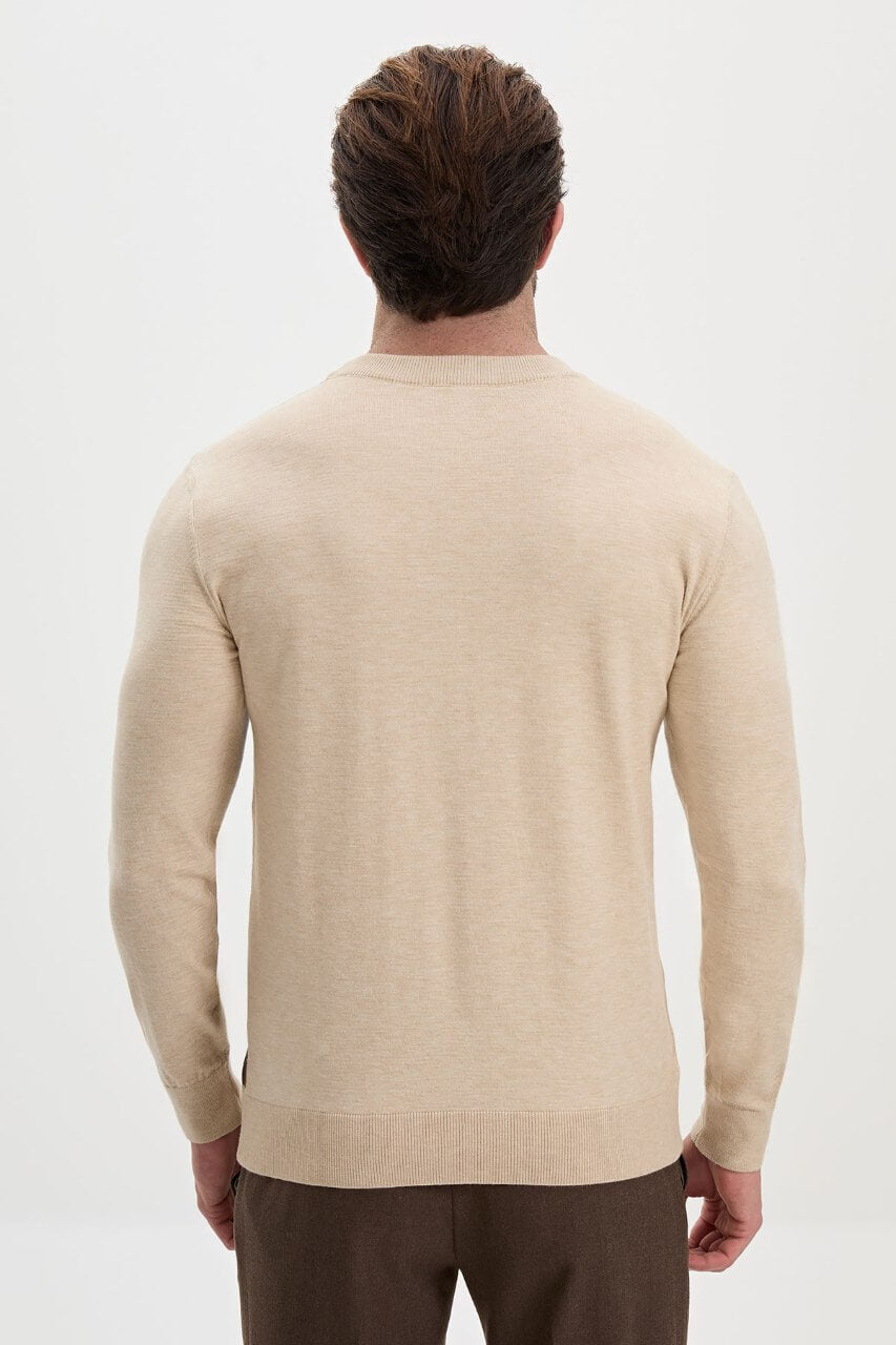 Men's beige colour block crew-neck sweater with brown panels by HolloMen.