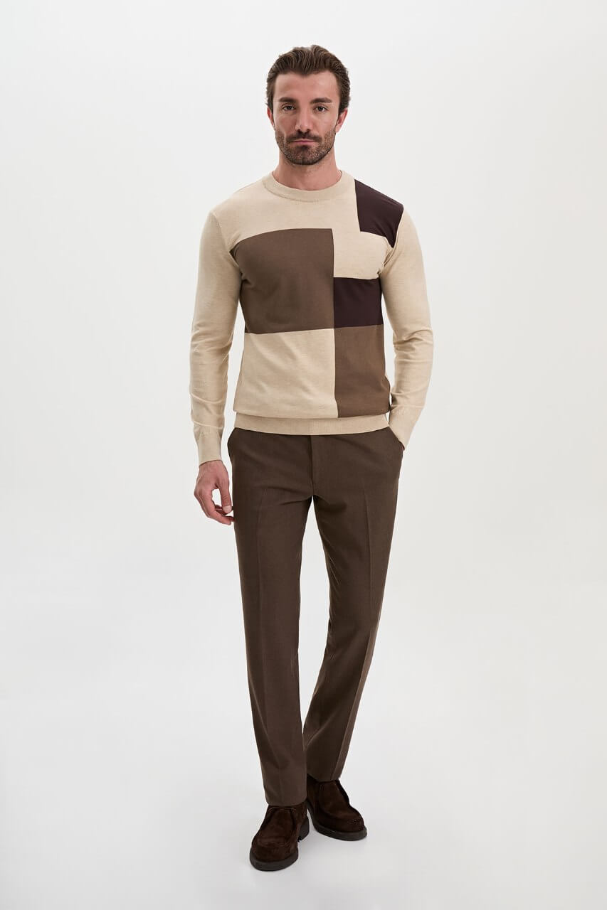 Men's beige colour block crew-neck sweater with brown panels by HolloMen.