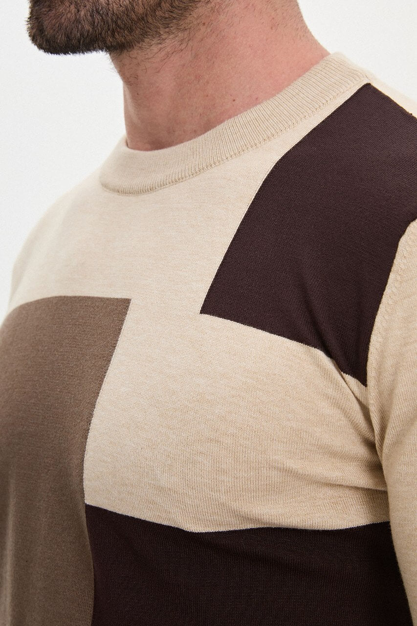 Men's beige colour block crew-neck sweater with brown panels by HolloMen.