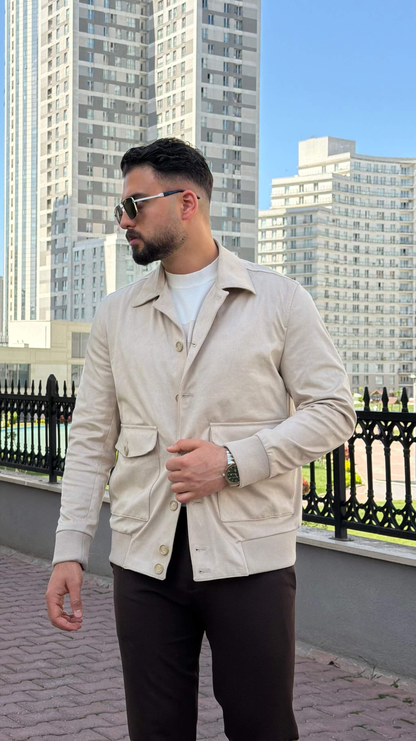 Beige suede-look flight jacket, full outfit view
