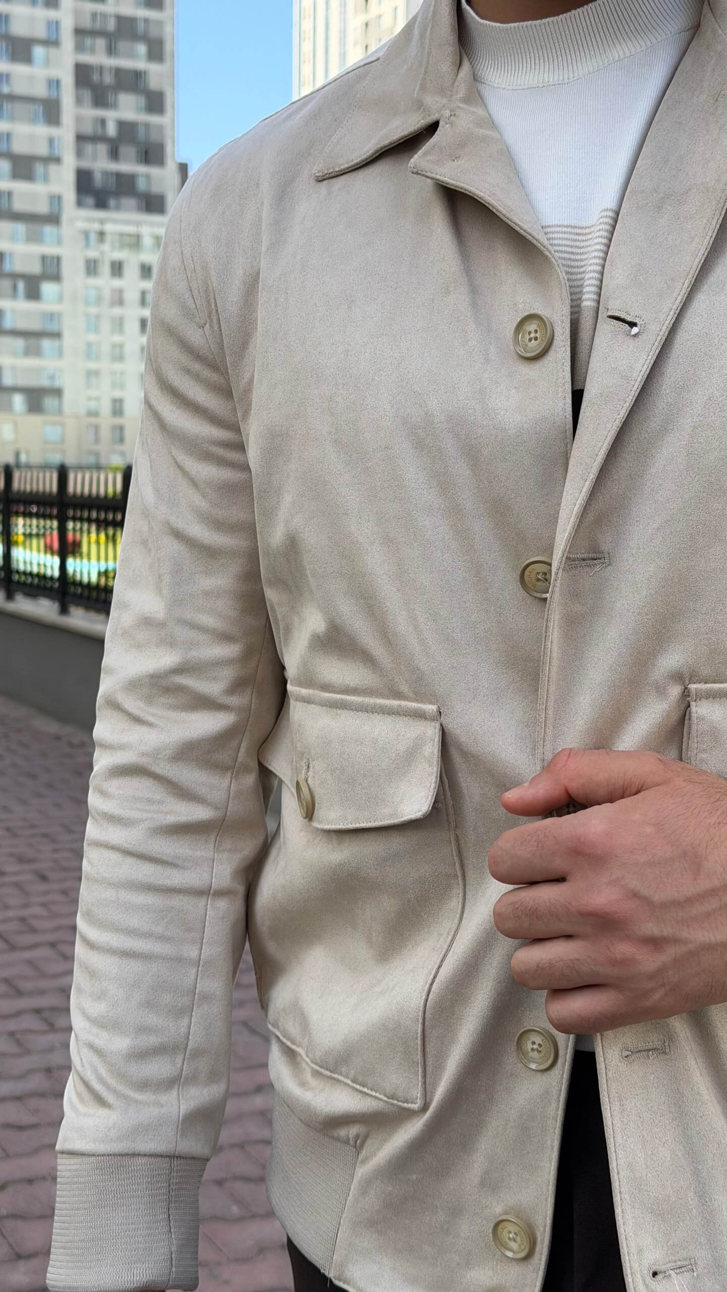 Beige suede-look flight jacket, back view