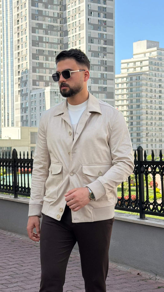 Beige flight jacket with suede-look finish, front view