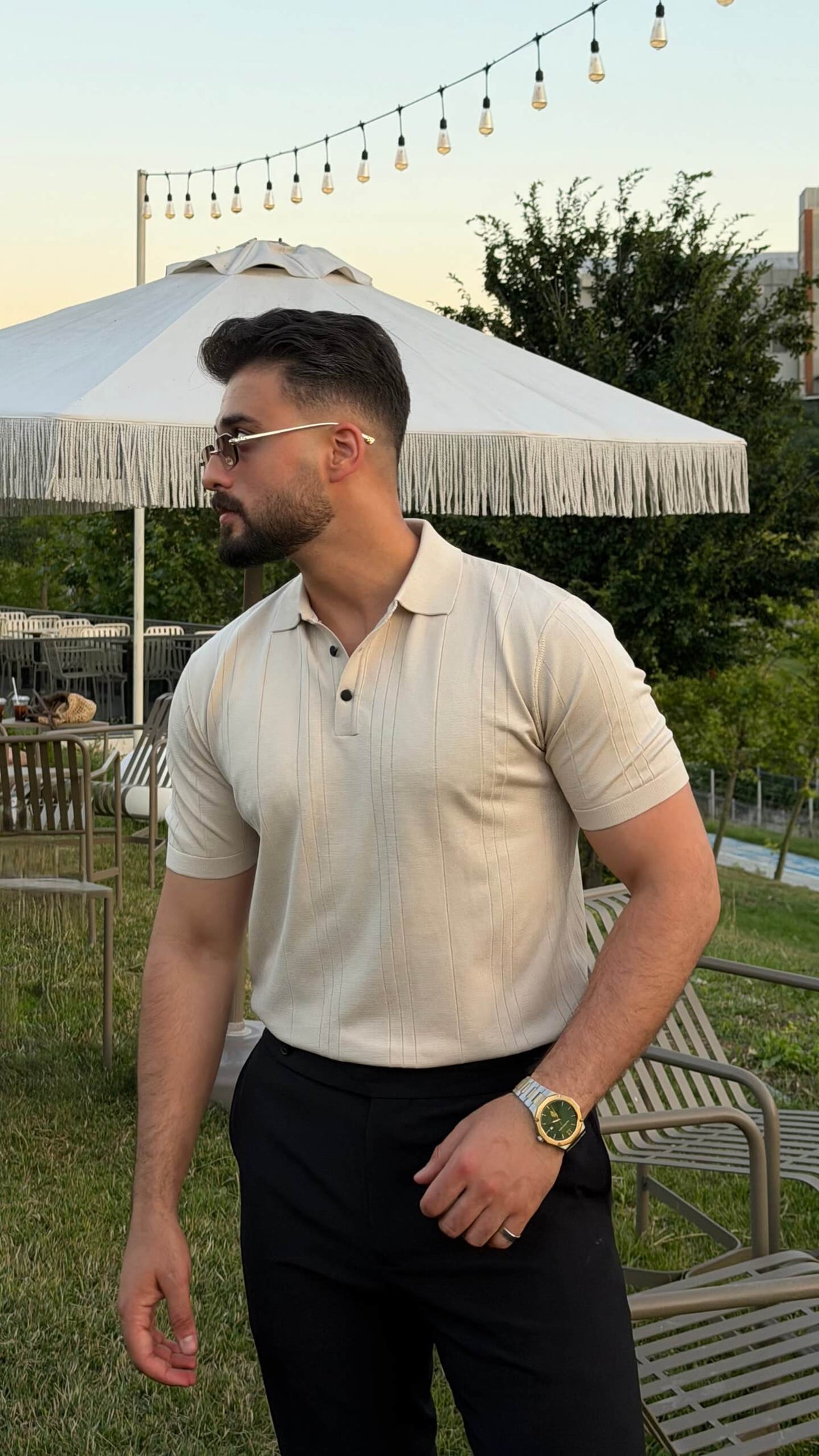 Men’s beige textured knit polo shirt with short sleeves and smart casual summer styling