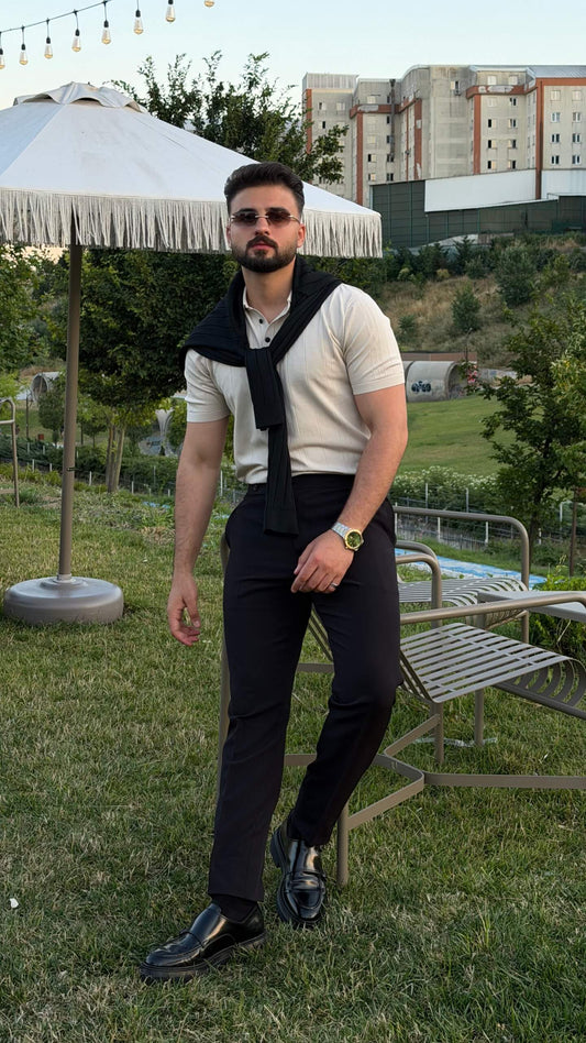 Men’s beige textured knit polo shirt with short sleeves and smart casual summer styling
