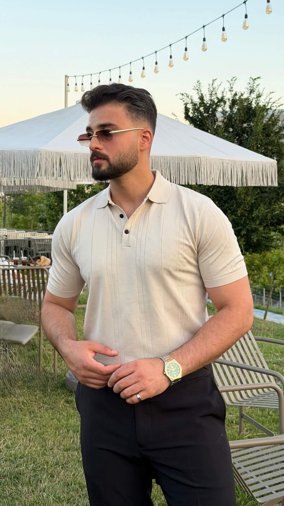 Men’s beige textured knit polo shirt with short sleeves and smart casual summer styling