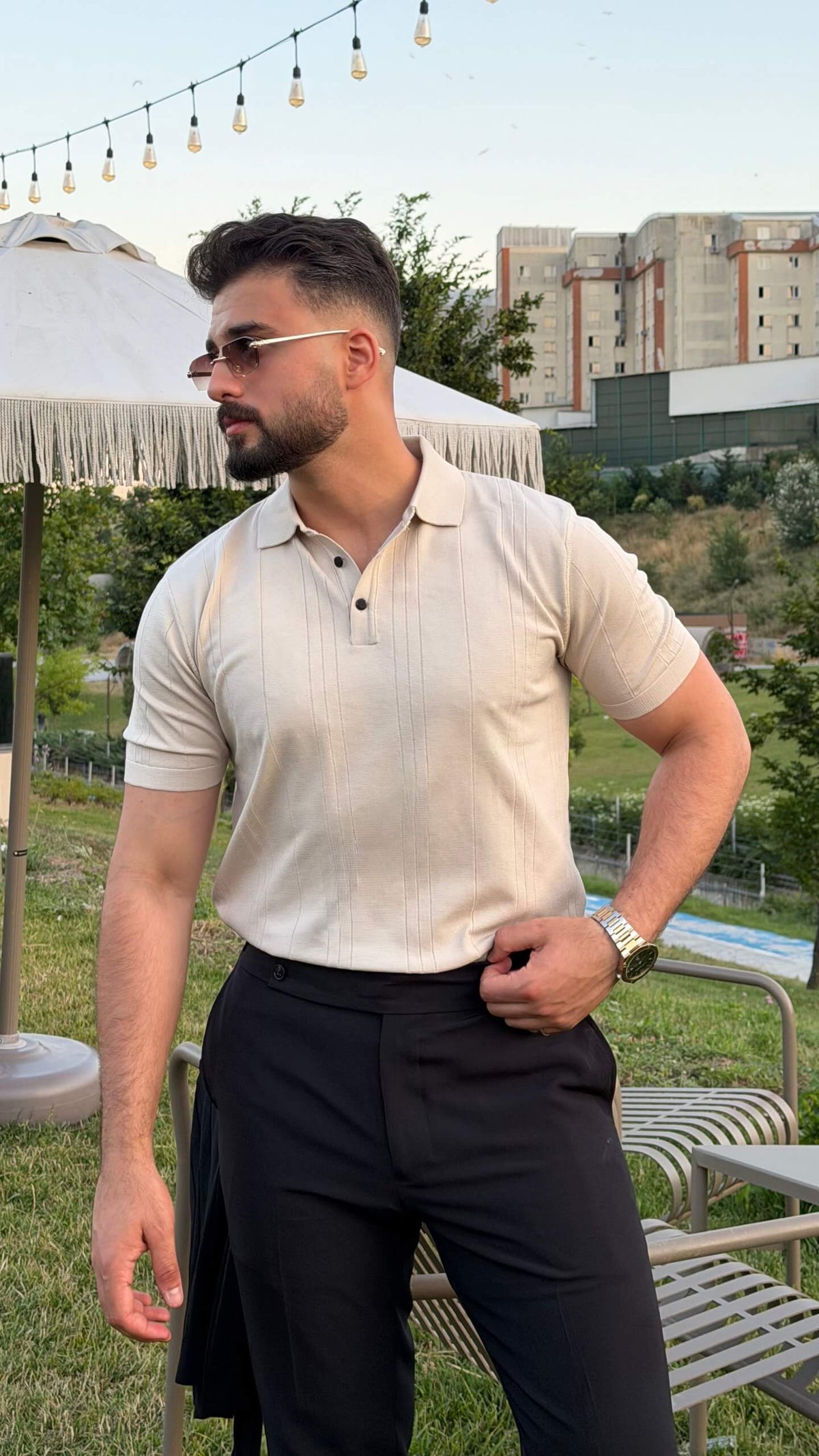 Men’s beige textured knit polo shirt with short sleeves and smart casual summer styling