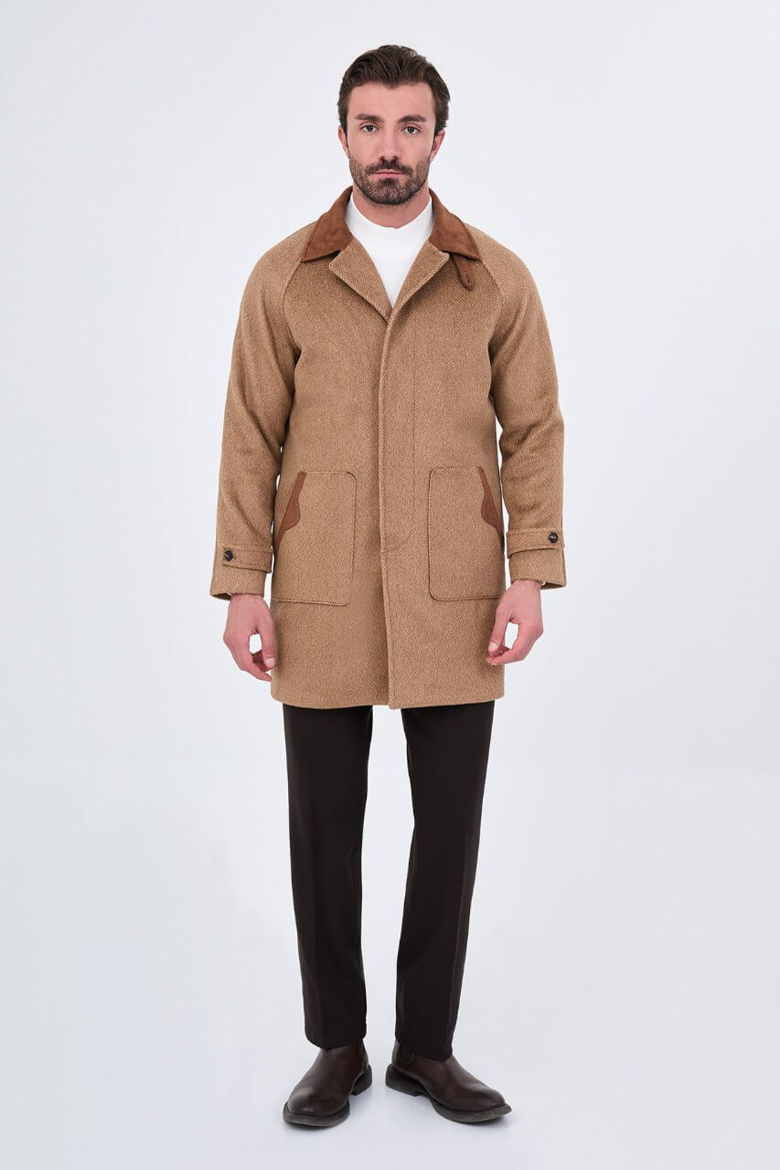 HolloMen men's beige textured wool-blend overcoat with brown contrast collar, raglan sleeves, and front patch pockets.