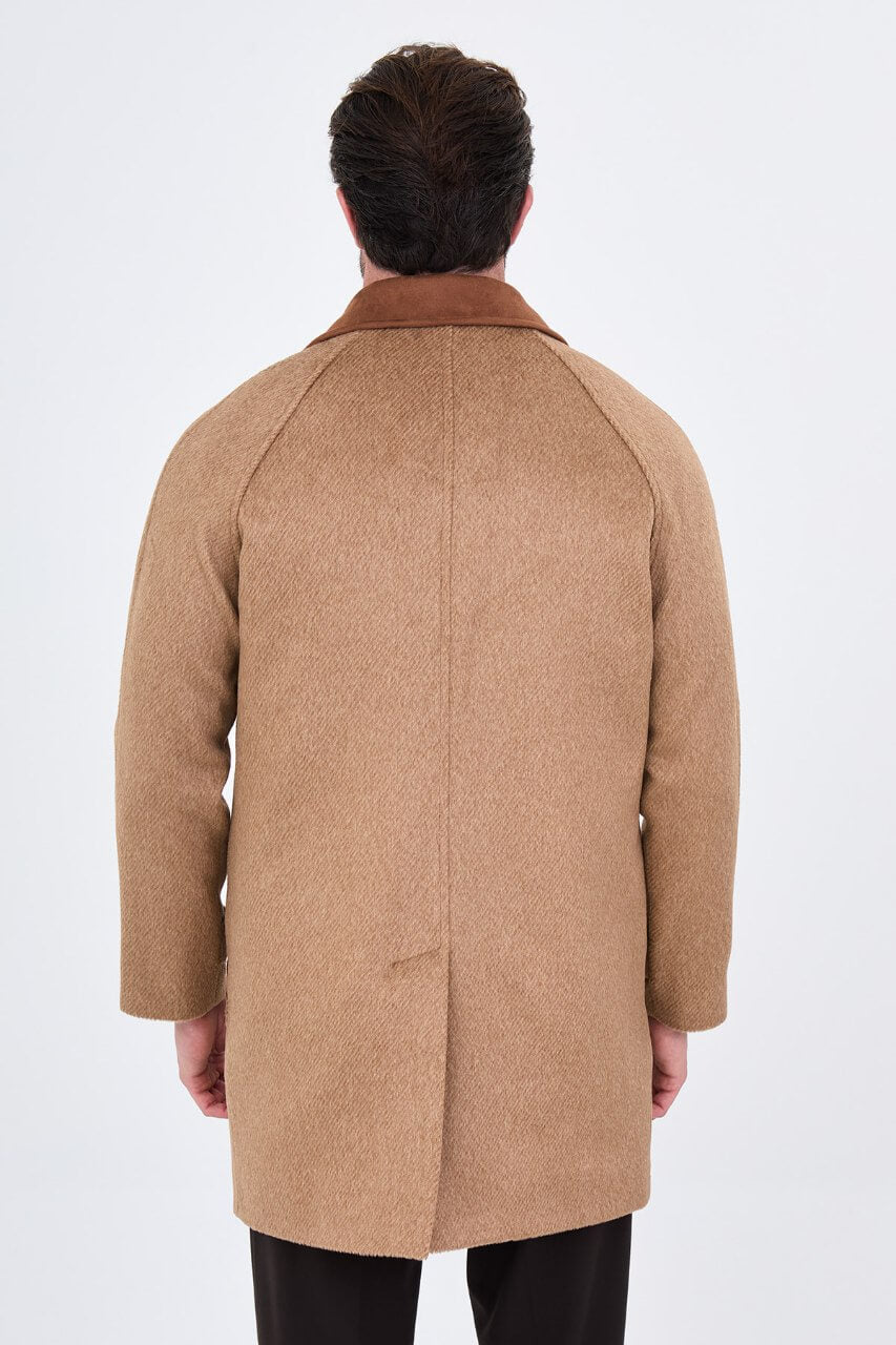 HolloMen men's beige textured wool-blend overcoat with brown contrast collar, raglan sleeves, and front patch pockets.
