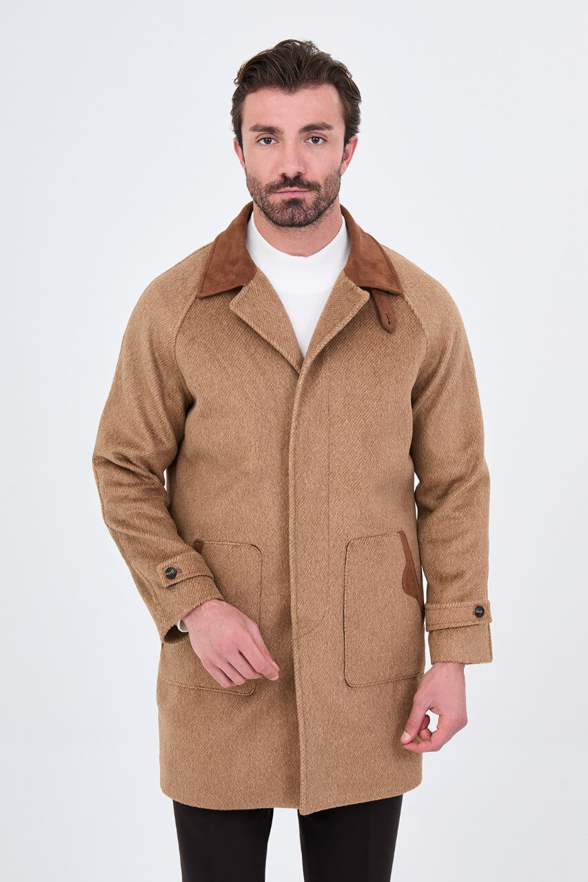 HolloMen men's beige textured wool-blend overcoat with brown contrast collar, raglan sleeves, and front patch pockets.
