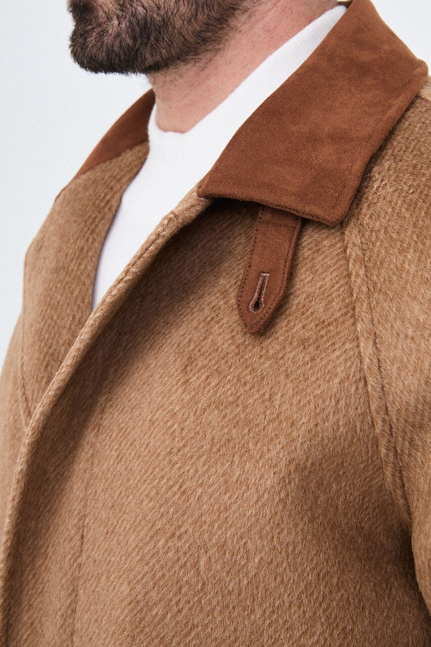 HolloMen men's beige textured wool-blend overcoat with brown contrast collar, raglan sleeves, and front patch pockets.
