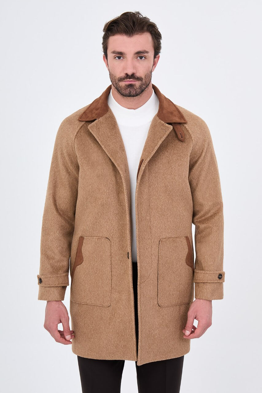 HolloMen men's beige textured wool-blend overcoat with brown contrast collar, raglan sleeves, and front patch pockets.