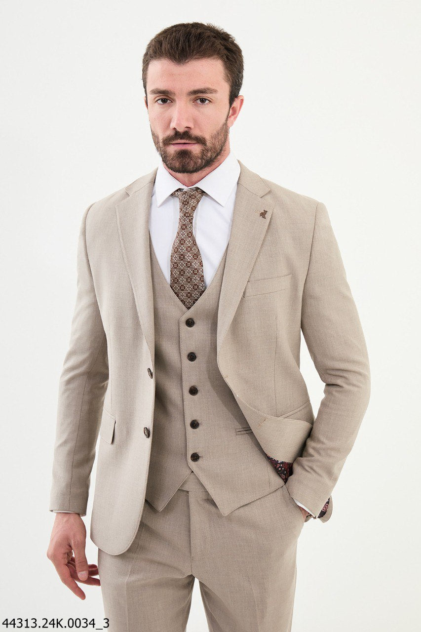 Men's Beige Three-Piece Suit HolloMen Men's Beige Three-Piece Suit HolloMen