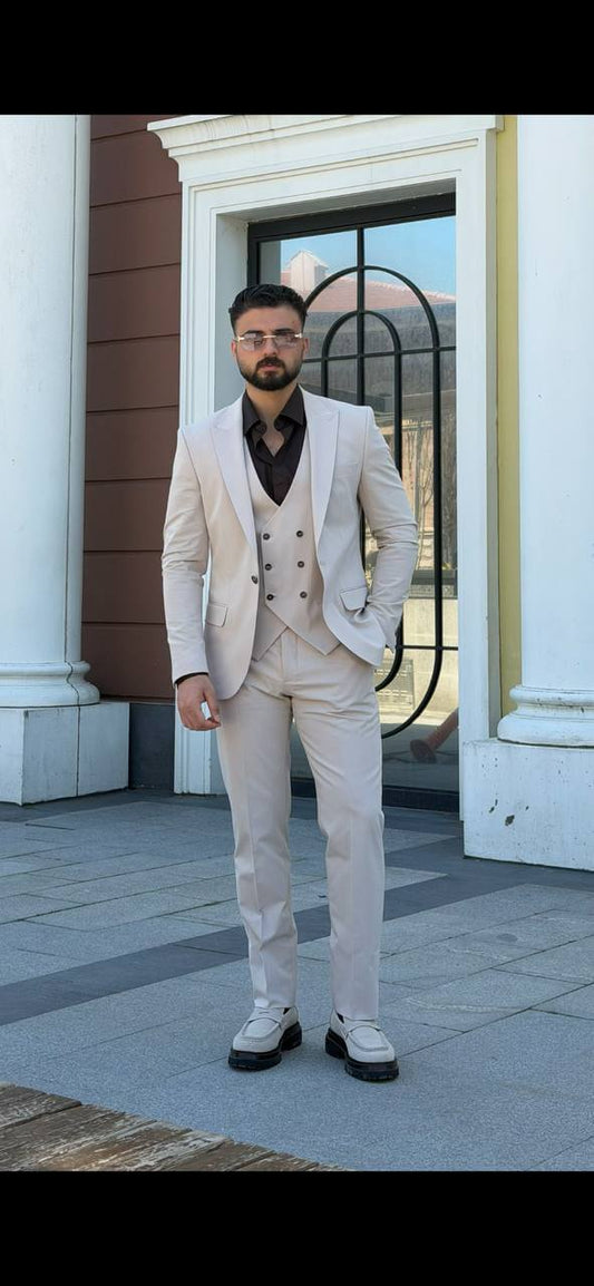 Beige 3 piece slim fit suit with waistcoat and black shirt, front view