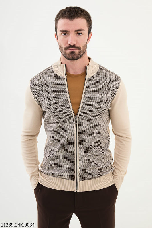 Cárdigan con cremallera beige para hombre.