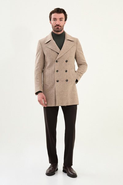 Men's Beige Double-Breasted Slim Fit Peacoat. – HolloMen