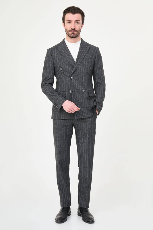 Black pinstripe double breasted suit with black dress shoes, front view