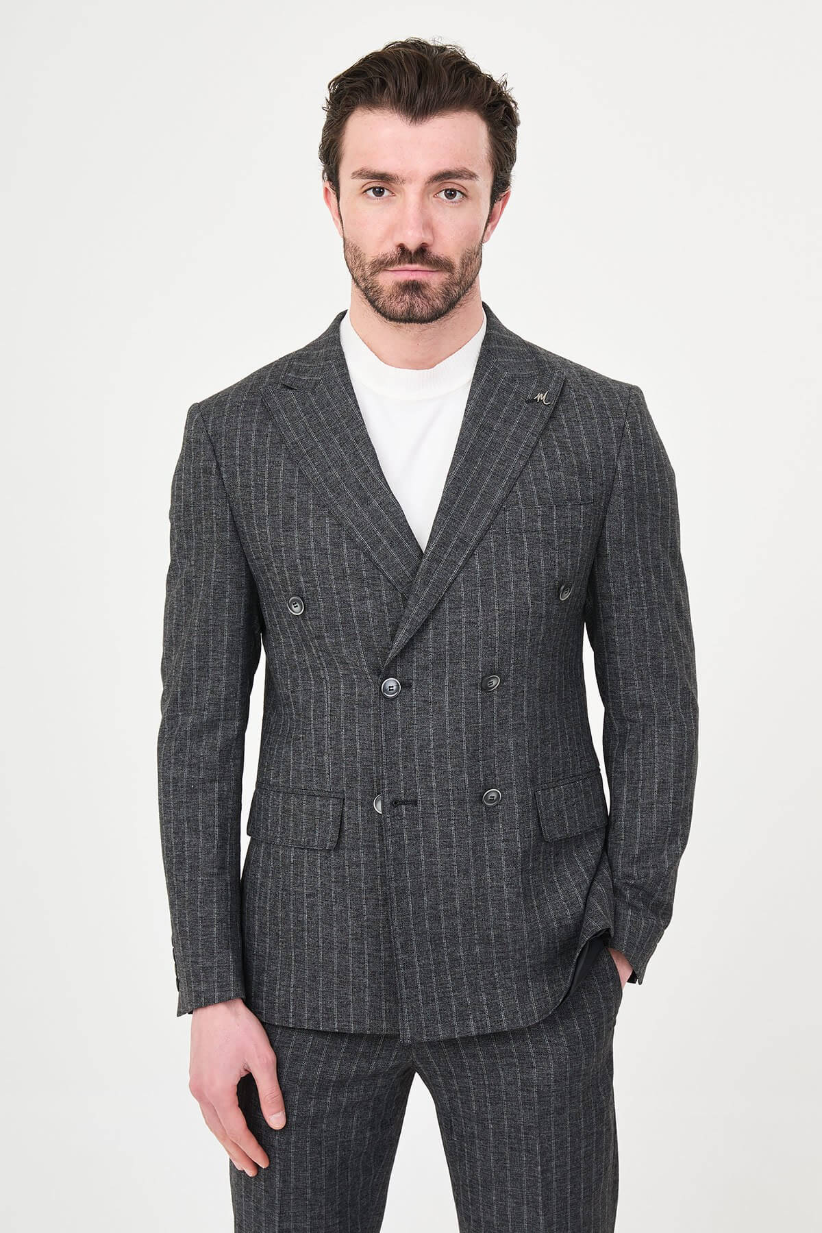 Men’s Black Charcoal Pinstripe Double-Breasted Suit on a male model, slim fit, paired with black dress shoes.