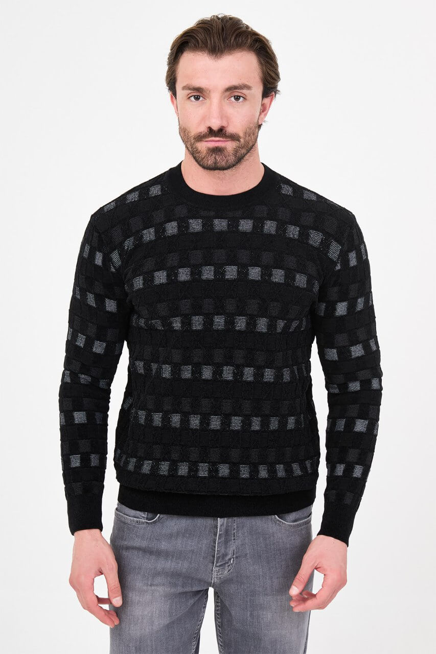 Men's black checkered textured crew neck knit sweater with patterned design for fall winter menswear.