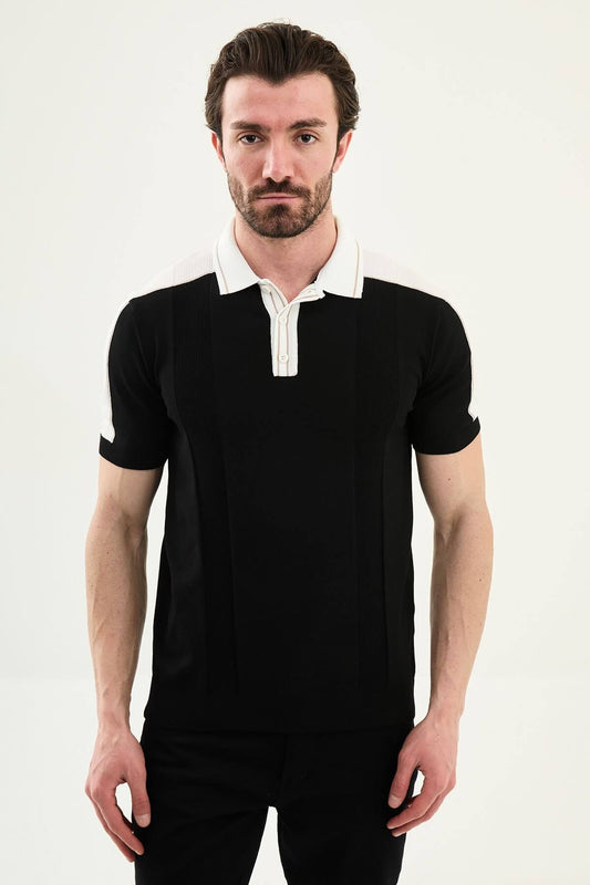 Men’s black colorblock slim fit knit polo shirt with contrast collar styled for modern summer smart-casual wear.