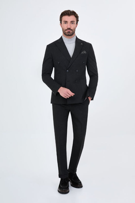 HolloMen men's black double-breasted two-piece suit featuring notch lapels, a six-button front, and a patterned pocket square.